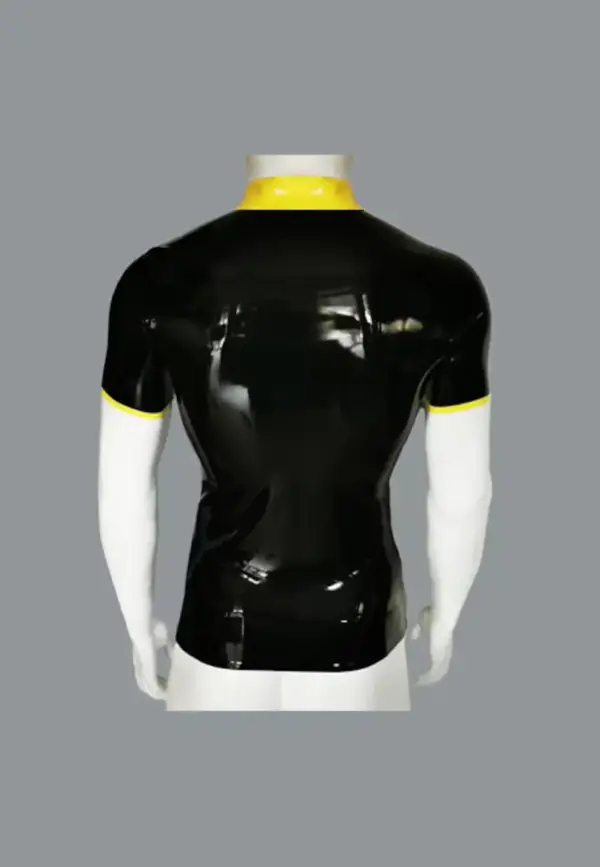 Rear view of casual latex t-shirt with contrast collar design