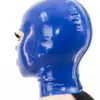 Side view of electric blue rubber mask with rear zipper