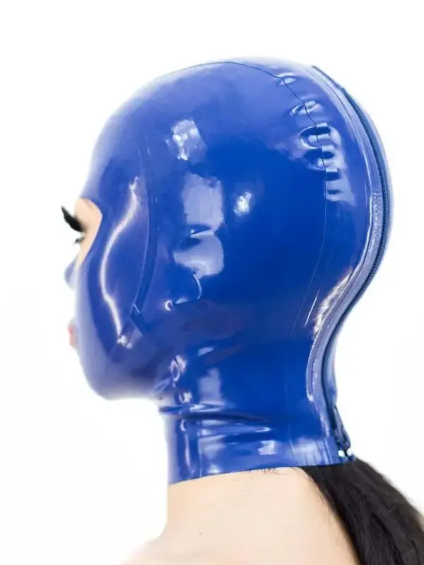 Side view of electric blue rubber mask with rear zipper