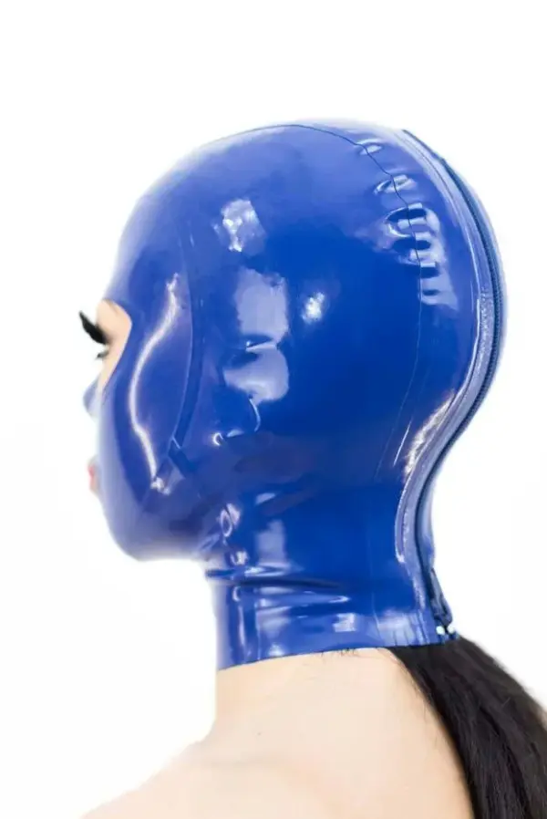 Side view of electric blue rubber mask with rear zipper