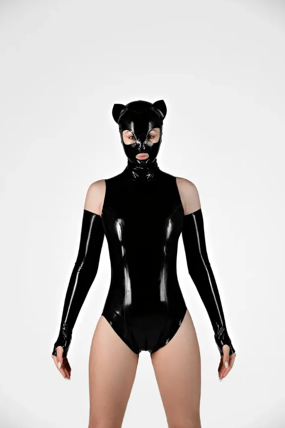 Latex Cat Mask with Open Mouth and back zipper front view