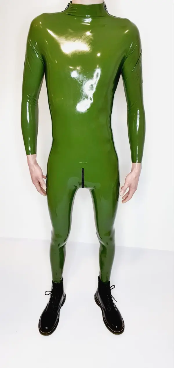 Men's Green Latex Catsuit - Shoulder Zip Entry & Crotch Access