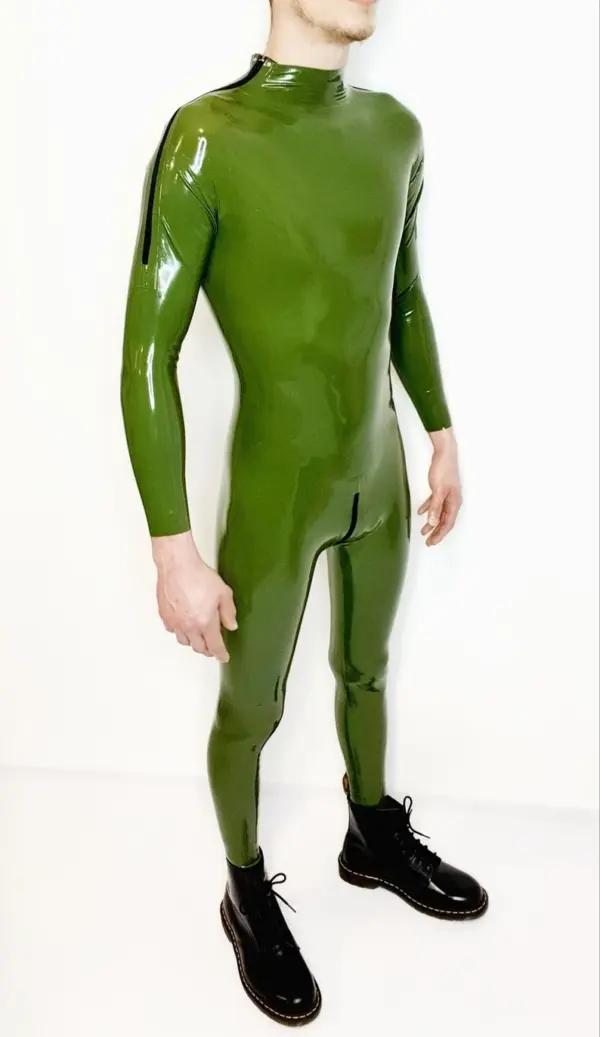 Men's Green Latex Catsuit - Shoulder Zip Entry & Crotch Access