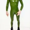Men's Green Latex Catsuit with shoulder zipper entry and military olive finish