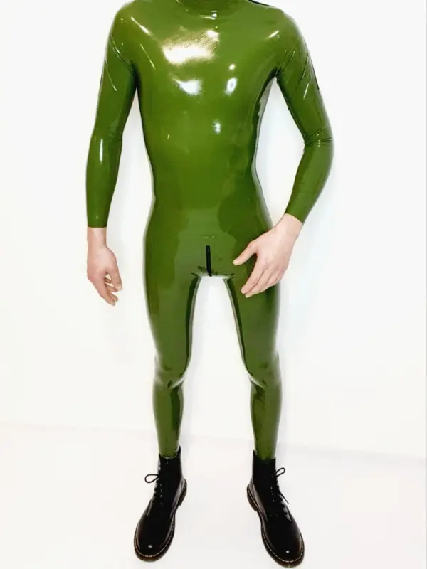 Men's Green Latex Catsuit with shoulder zipper entry and military olive finish