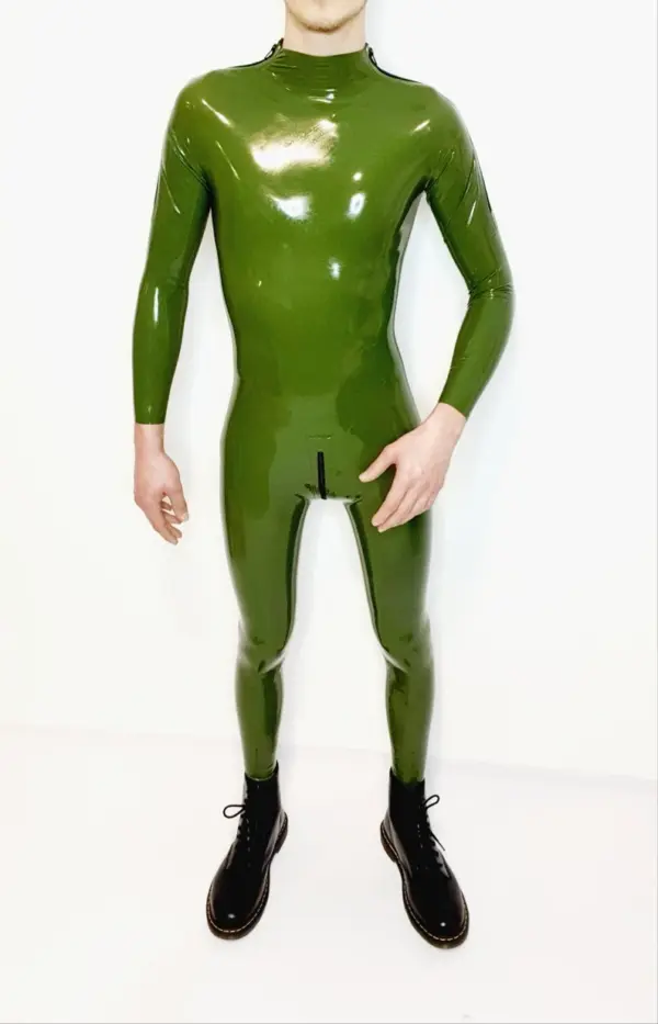 Men's Green Latex Catsuit with shoulder zipper entry and military olive finish