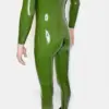 Olive green rubber bodysuit for men with full crotch zipper access