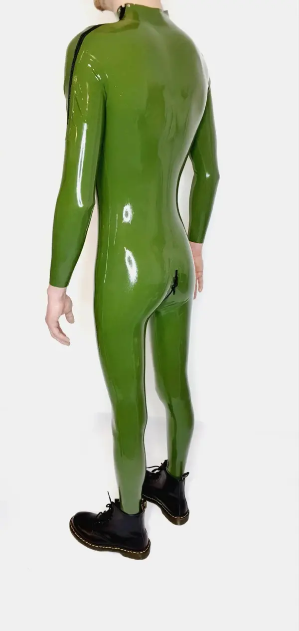 Olive green rubber bodysuit for men with full crotch zipper access