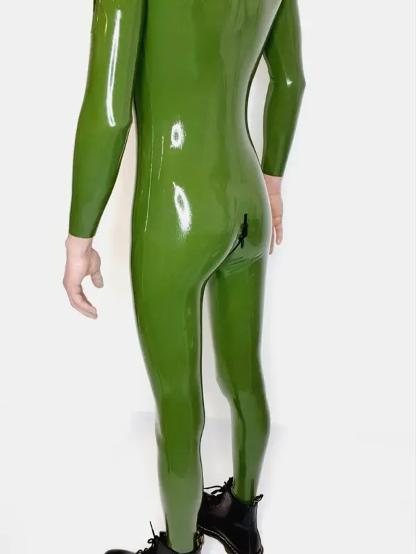 Olive green rubber bodysuit for men with full crotch zipper access