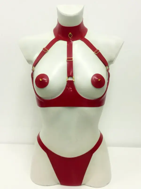Open cup underwired rubber bra with O-ring collar detail