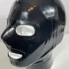Side view of black rubber gimp mask with zipper