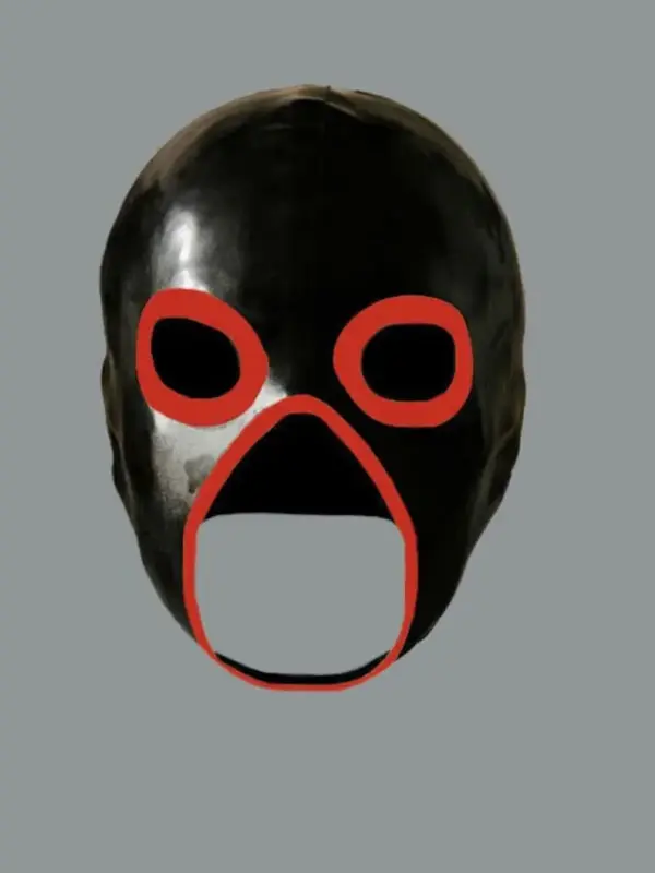 Black Latex Exterminator Hood with red trim and open mouth front view