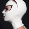 Side view of white rubber kitty hood showing eyelash design