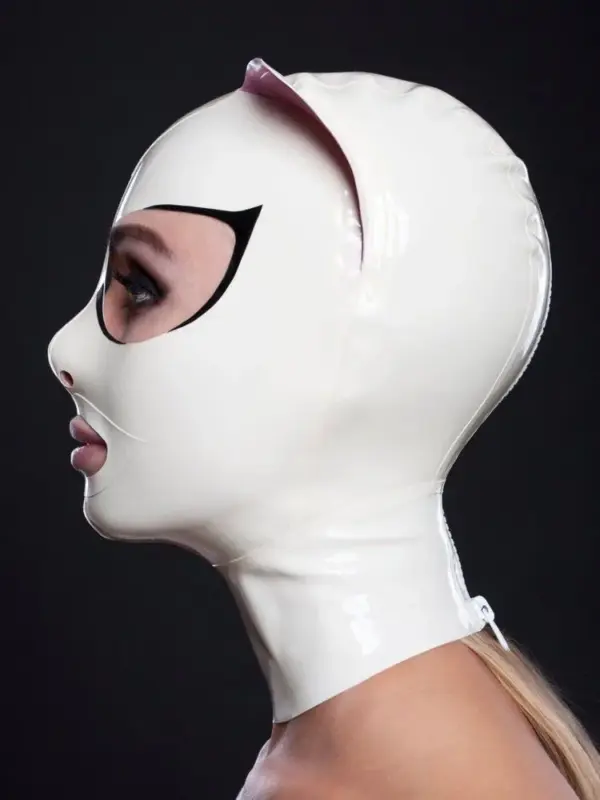 Side view of white rubber kitty hood showing eyelash design