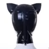 Rear view of rubber kitten mask with back zipper