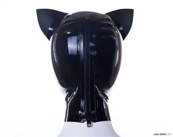 Rear view of rubber kitten mask with back zipper