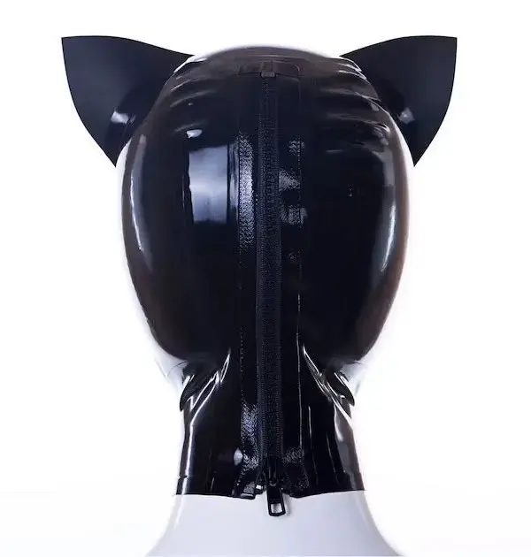 Rear view of rubber kitten mask with back zipper