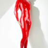 Model wearing Men's Red Long Sleeve Latex Catsuit with Black Racing Stripes and 3-Way Zip - LATEX LUXE
