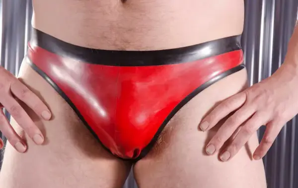 Men's Red & Black Latex Jockstrap Brief with open back design front view