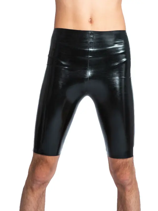 Men's Latex Long Shorts black rubber cycle shorts front view
