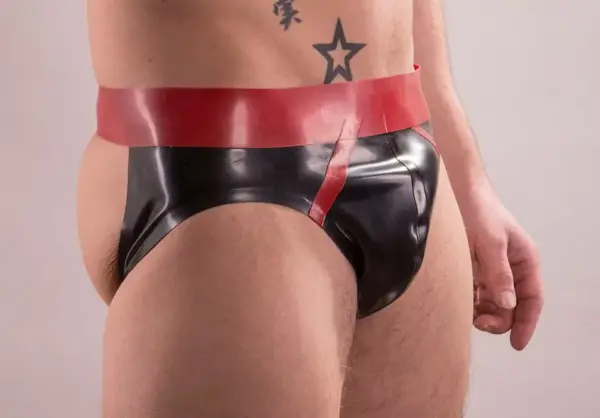 Men's Latex Jockstrap Brief black with red trim and contoured pouch
