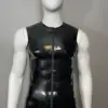 Men's Latex Sleeveless Front-Zip Shirt black rubber vest front view