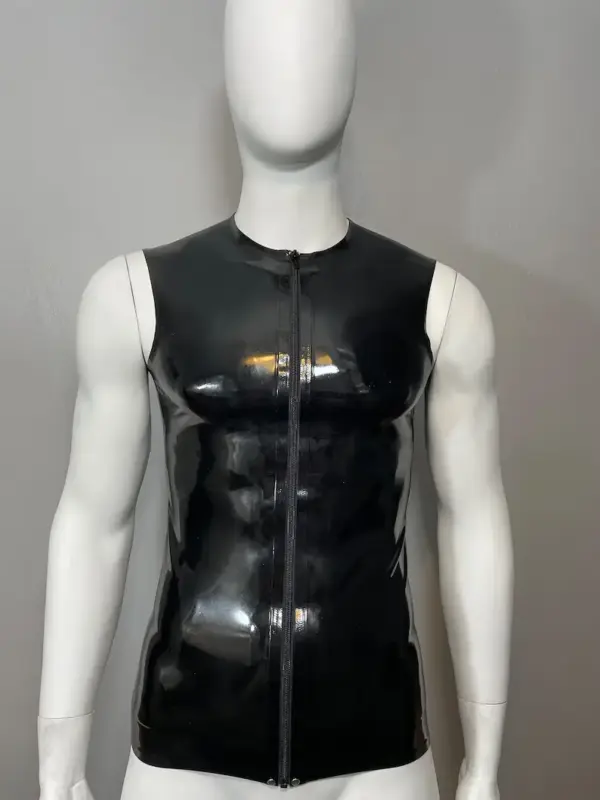 Men's Latex Sleeveless Front-Zip Shirt black rubber vest front view
