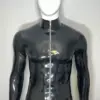 Men's High-Neck Latex Zip-Up Shirt black rubber long sleeve top front view