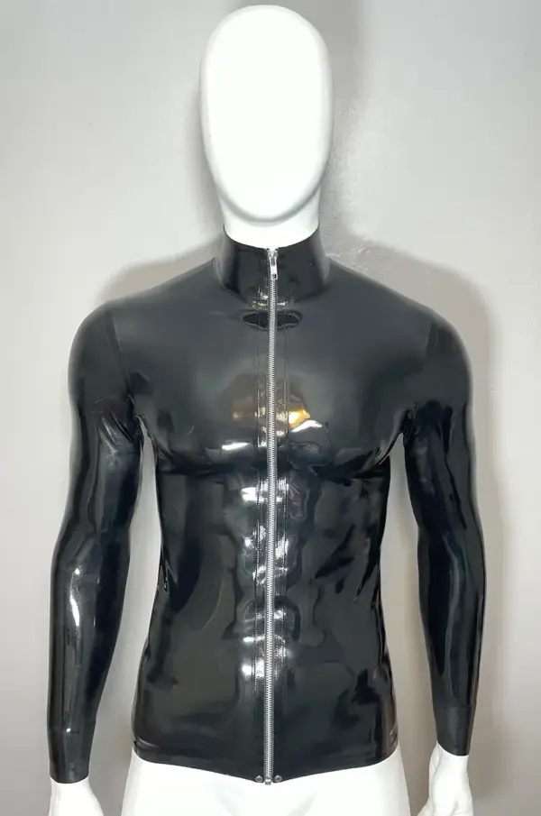 Men's High-Neck Latex Zip-Up Shirt black rubber long sleeve top front view