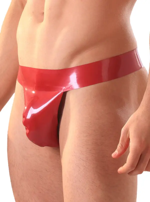 Men's Metallic Red Latex Thong with shaped pouch front view