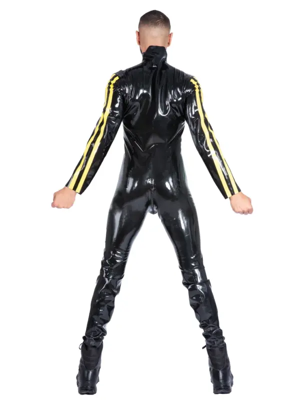 Black Rubber Suit with yellow sleeve accents back view