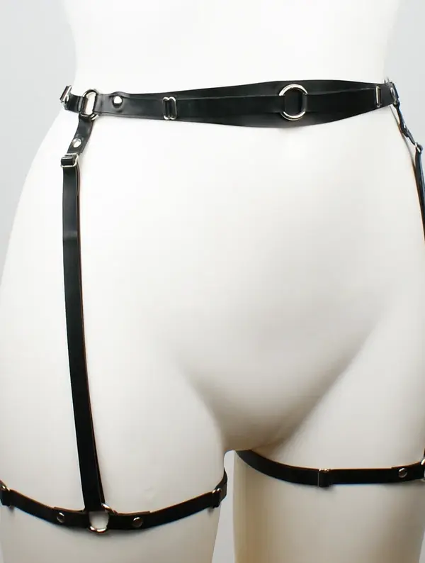 Adjustable Latex Leg Harness with metal O-ring details front view