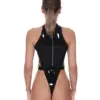 Black rubber leotard with metal buckle straps and high leg cut