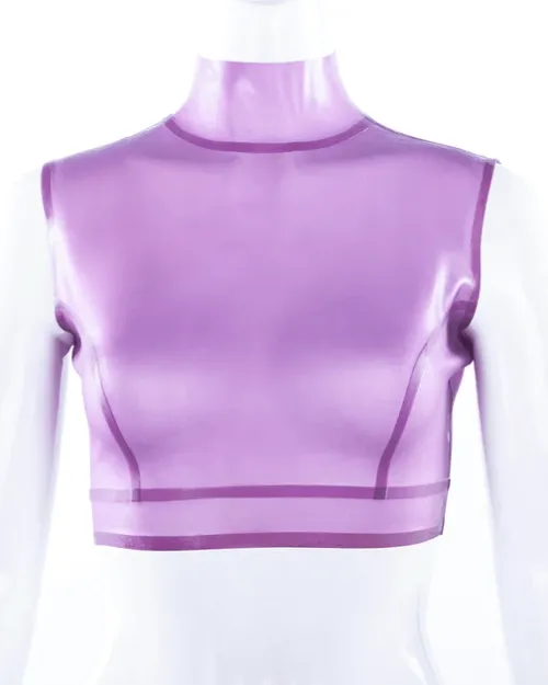 Sheer Lilac Latex Crop Top with High Neck and Back Zipper