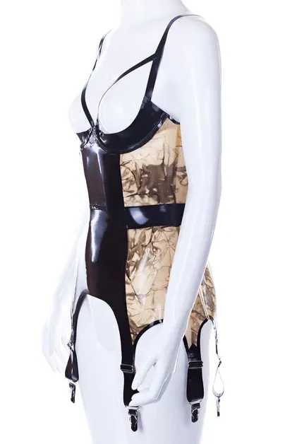 Aria Paneled Latex Merrywidow with Crystal Side Panels and Six Garters
