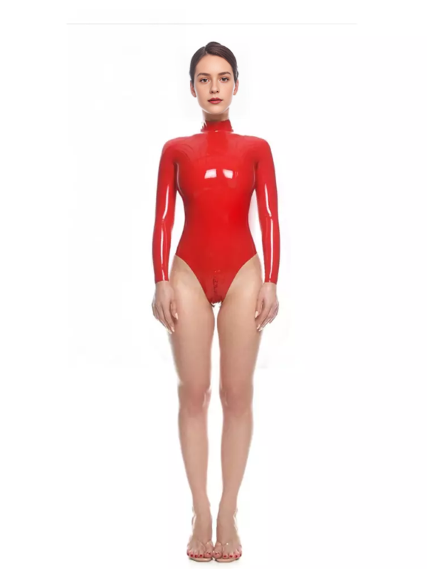 Front view of red High Neck Latex Bodysuit showing long sleeves and visible crotch zipper slider for access