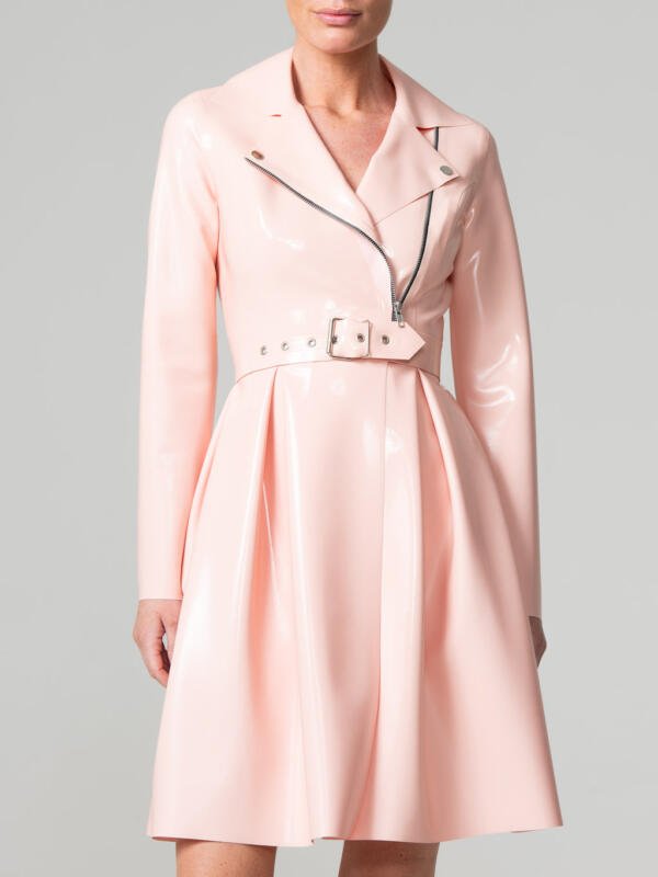 LLS-00001 (1) Pastel pink latex trench coat with pleated skirt and belt front view