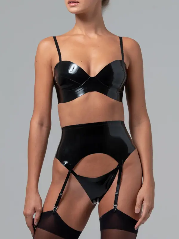 Kelly Latex Lingerie Set with structured bra and suspender belt front view