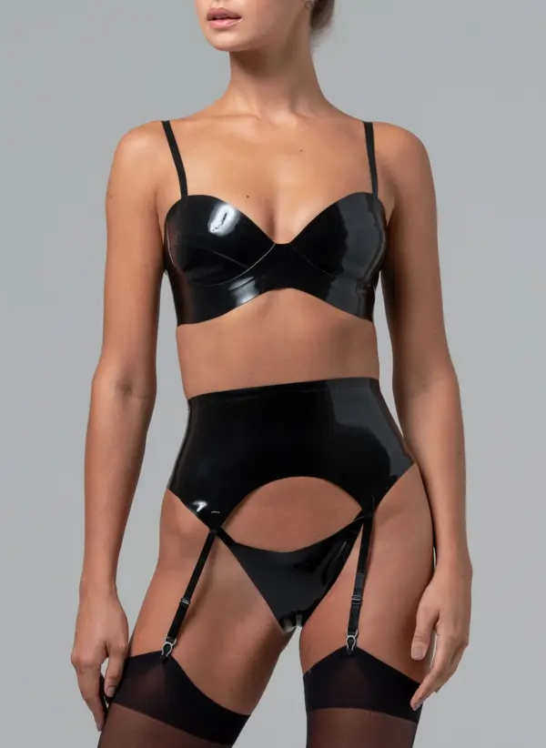 Kelly Latex Lingerie Set with structured bra and suspender belt front view