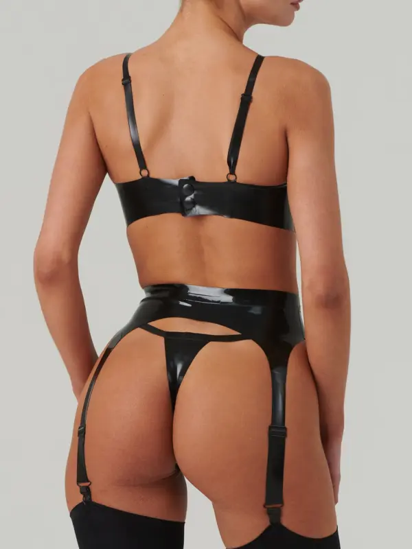 Glossy Black Rubber Bra and Thong with suspender belt