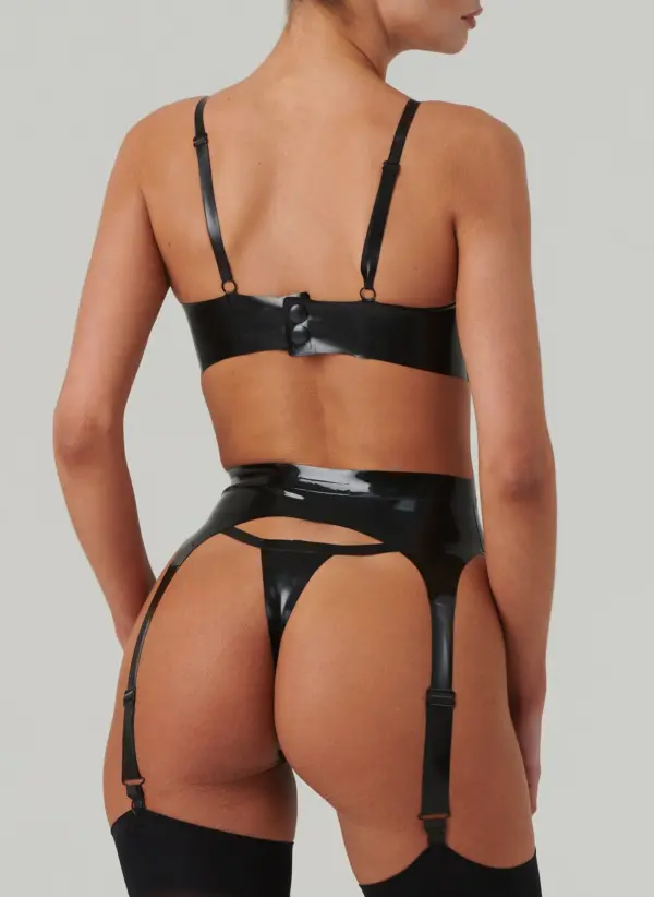 Glossy Black Rubber Bra and Thong with suspender belt