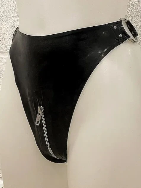 High-Cut Latex Thong with O-Ring Detail and Crotch Zipper