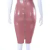Glossy light brown latex back zip pencil skirt high waist with full length gold zipper rear view