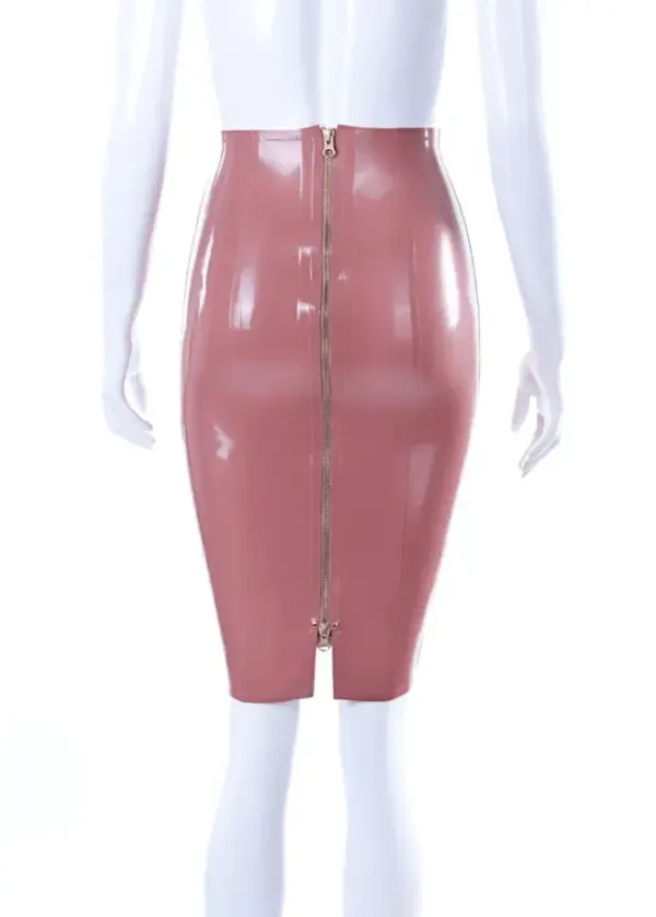 Glossy light brown latex back zip pencil skirt high waist with full length gold zipper rear view