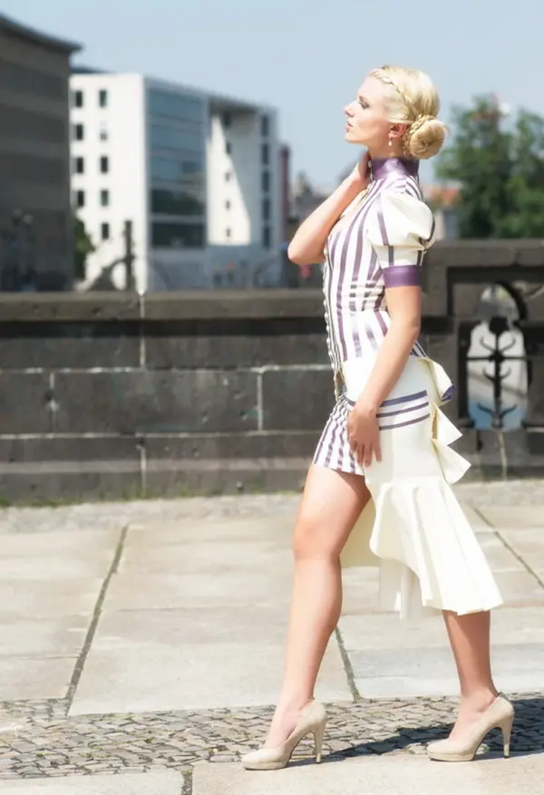 Striped Latex High-Neck Blouse with Cut-Out Front