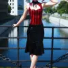 Black retro 60s style latex flared skirt knee length a-line design front view
