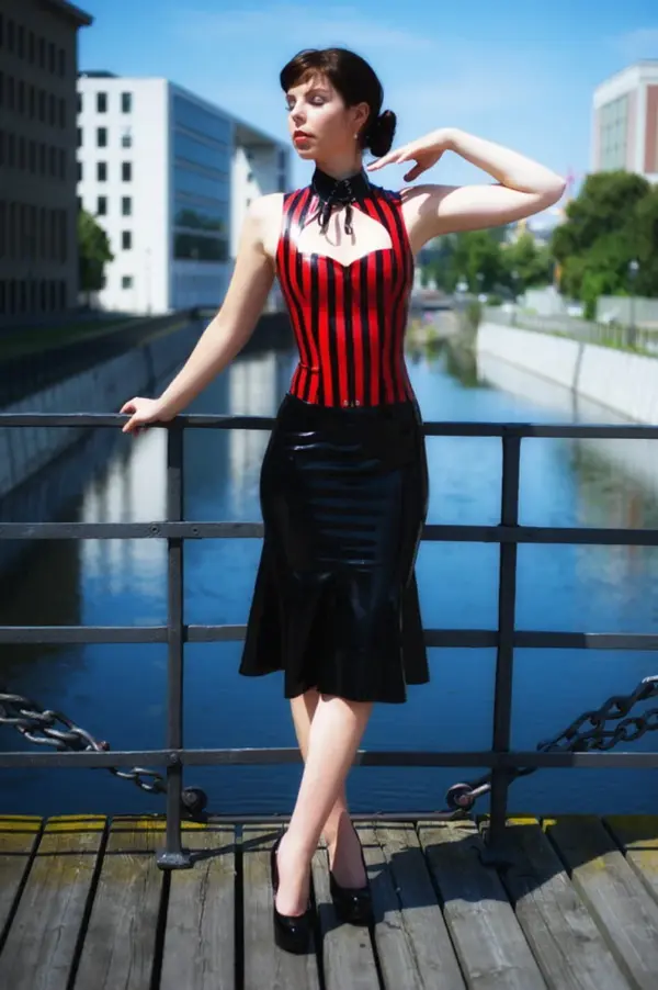 Black retro 60s style latex flared skirt knee length a-line design front view