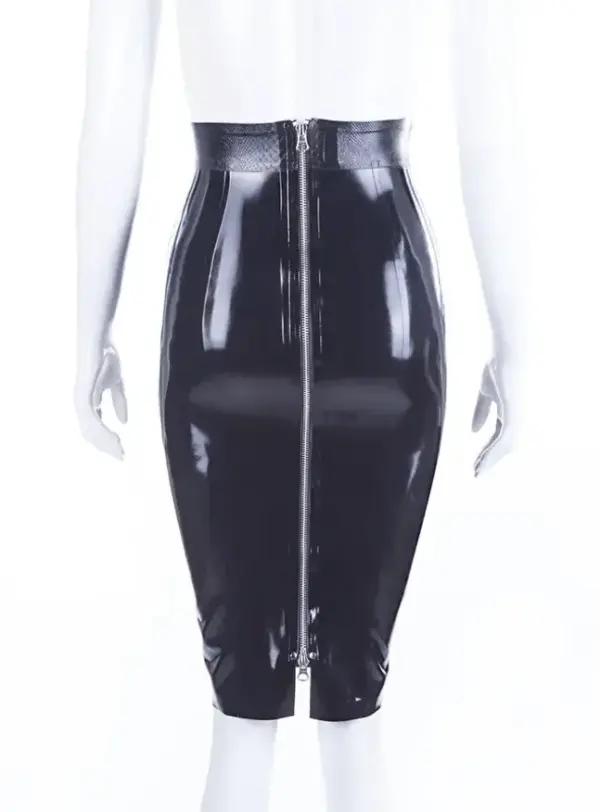 High-Waisted Latex Pencil Skirt with Snake Textured Waistband and Dual-Zip Back