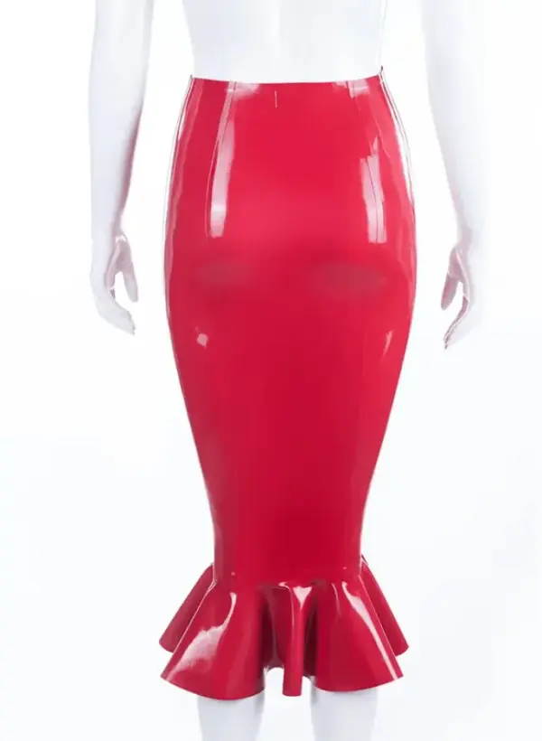 Red latex ruffle pencil skirt with high waist and fishtail hem back view