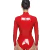Back view of red High Neck Latex Bodysuit showing long back zipper and high cut leg design